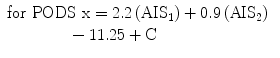 
$$ \begin{array}{l}\mathrm{f}\mathrm{o}\mathrm{r}\kern0.36em \mathrm{PODS}\kern0.36em \mathrm{x}=2.2\left({\mathrm{AIS}}_1\right)+0.9\left({\mathrm{AIS}}_2\right)\;\\ {}\kern3.84em -11.25+\mathrm{C}\end{array} $$
