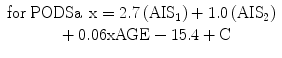 
$$ \begin{array}{c}\mathrm{f}\mathrm{o}\mathrm{r}\kern0.24em \mathrm{PODSa}\kern0.46em \mathrm{x}=2.7\left({\mathrm{AIS}}_1\right)+1.0\left({\mathrm{AIS}}_2\right)\\ {}\kern0.36em +0.06\mathrm{xAGE}-15.4+\mathrm{C}\end{array} $$
