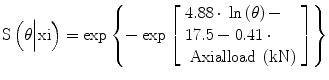 
$$ \mathrm{S}\left(\theta \Big|\mathrm{xi}\right)= \exp \left\{- \exp \left[\begin{array}{l}4.88\kern0.24em \cdotp \kern0.24em\ln \left(\theta \right)-\\ {}17.5-0.41\kern0.24em \cdotp\;\\ {}\;\mathrm{Axialload}\;\left(\mathrm{k}\mathrm{N}\right)\end{array}\right]\right\} $$
