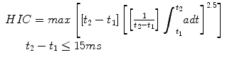 
$$ \begin{array}{l}HIC= max\left[\left[{t}_2-{t}_1\right]{\left[\left[\frac{1}{t_2-{t}_1}\right]{\displaystyle {\int}_{t_1}^{t_2}adt}\right]}^{2.5}\right]\;\\ {}\kern1.8em {t}_2-{t}_1\le 15 ms\end{array} $$
