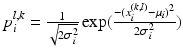 $$p_{i}^{l,k} = \frac{1}{{\sqrt {2\sigma_{i}^{2} } }}\exp(\frac{{ - (x_{i}^{(k,l)} - \mu_{i} )^{2} }}{{2\sigma_{i}^{2} }})$$