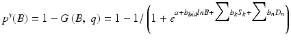 
$$ {p}^y(B)=1-G\left(B,\;q\right)=1-1/\left(1+{e}^{a+{b}_{bid}lnB+{\displaystyle \sum }{b}_k{S}_k+{\displaystyle \sum }{b}_n{D}_n}\right) $$
