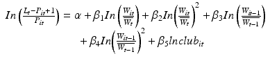 $$ \begin{array}{l} In\left(\frac{L_t-{P}_{it}+1}{P_{it}}\right)=\alpha+{\beta}_1 In\left(\frac{W_{it}}{\overline{W_t}}\right)+{\beta}_2 In{\left(\frac{W_{it}}{\overline{W_t}}\right)}^2+{\beta}_3 In\left(\frac{W_{it-1}}{\overline{W_{t-1}}}\right)\\ {} \qquad \qquad \qquad+{\beta}_4 In{\left(\frac{W_{it-1}}{\overline{W_{t-1}}}\right)}^2+{\beta}_5 lnclu{b}_{it}\end{array} $$